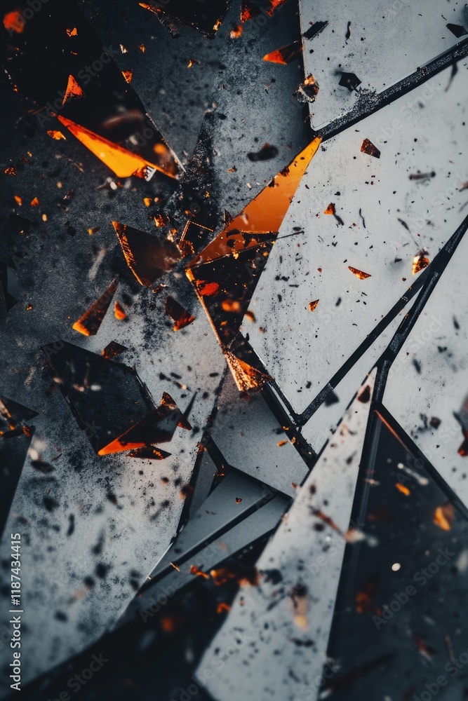 Poster a close-up of a broken glass surface with sharp edges and fragments
