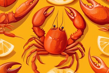 Image of lobsters with lemon slices arranged on a bright yellow surface