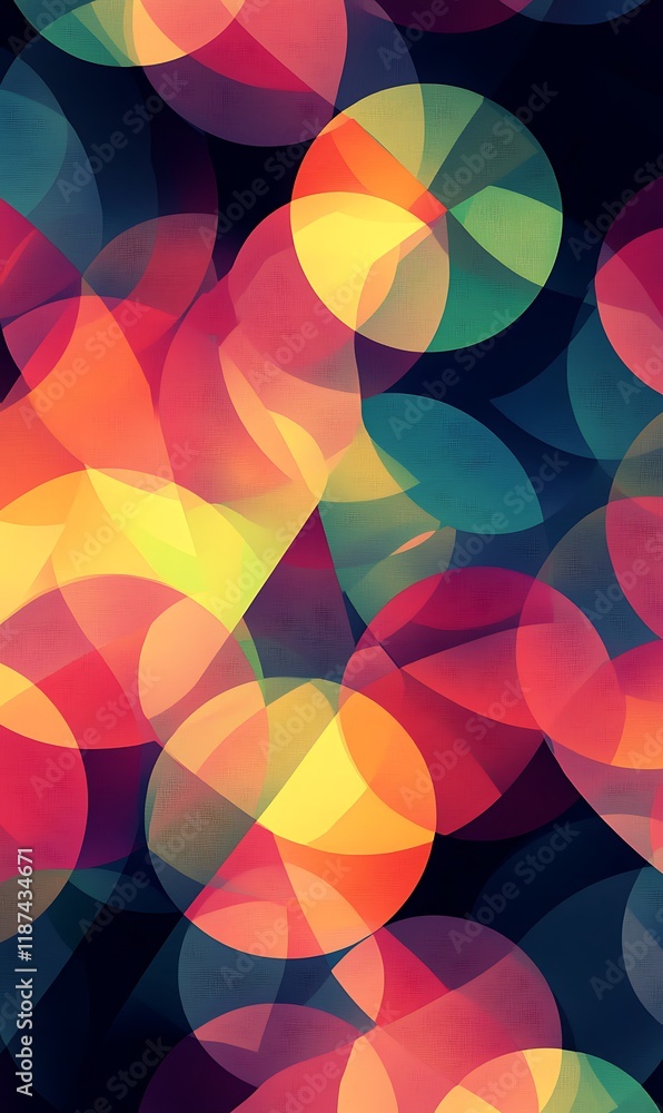Poster abstract backdrop of pastel-colored overlapping circles, highlighted by sharp diagonal lines in neon