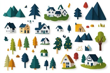 Obraz premium A collection of paper cut houses and trees, perfect for use in children's illustrations or educational materials