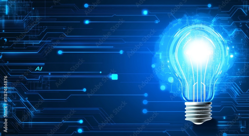 Poster a light bulb circuit powered by an ai chip on its motherboard, embodying ideas and innovations birth
