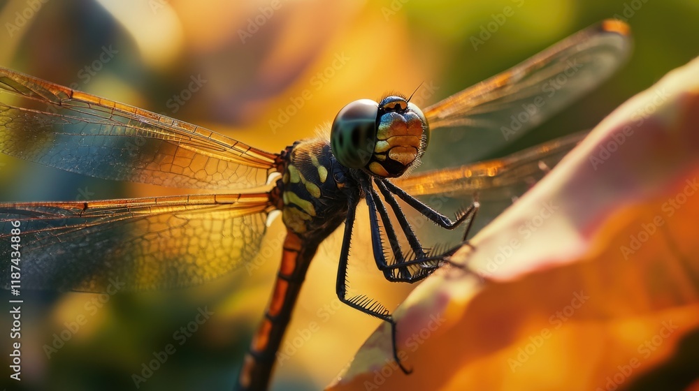 Poster a close-up shot of a dragonfly perched on a leaf, showcasing its intricate details