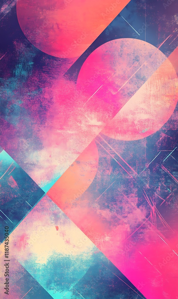 Poster abstract background of overlapping circles in soft pastel colors, with sharp diagonal neon lines cro