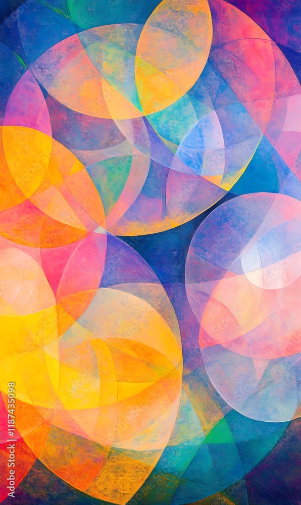 Aufkleber soft pastel-colored circles in an abstract backdrop, combined with sharp diagonal lines in bright ne