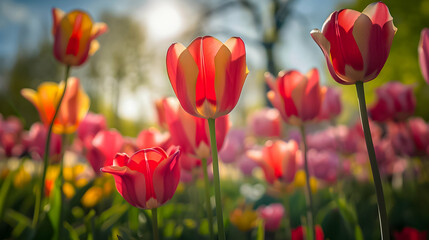 Obraz premium Vibrant tulip garden basking in sunlight during springtime in a serene outdoor setting