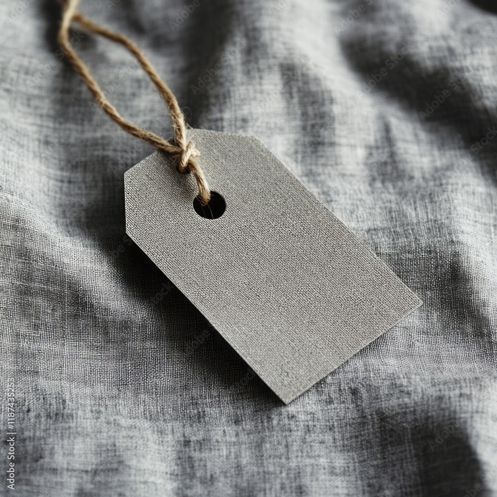 Poster a single tag hangs from a string on a bed, simple and cozy scene