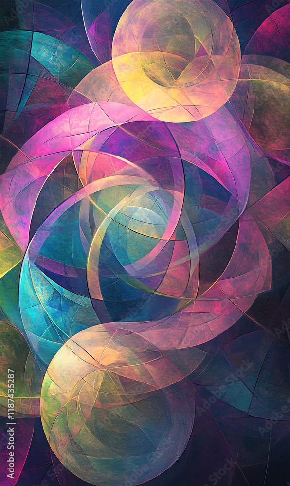 Poster soft pastel-colored circles in an abstract backdrop, combined with sharp diagonal lines in bright ne