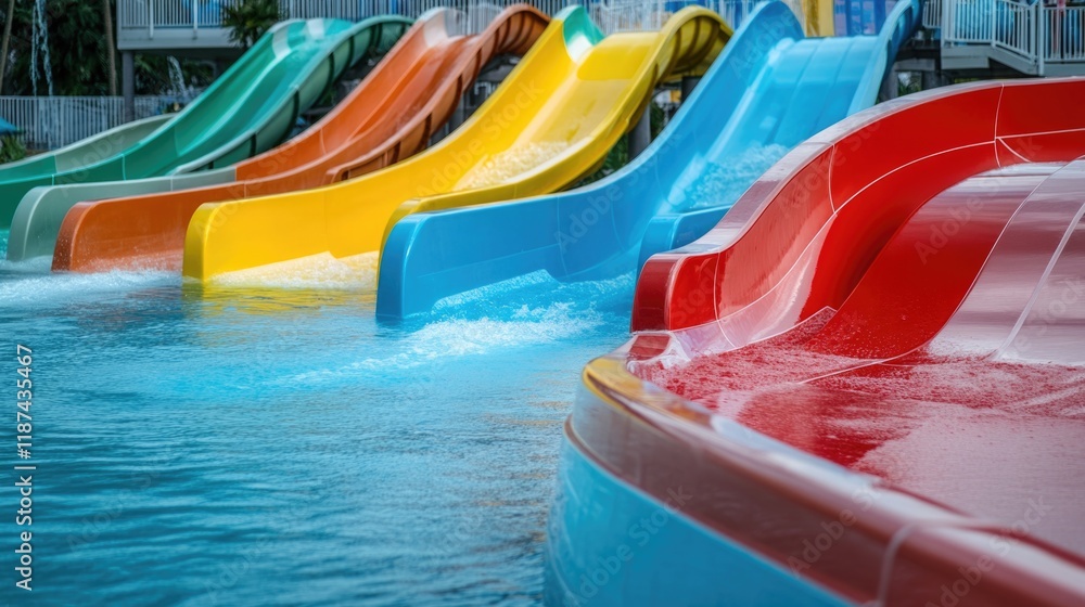 Poster a collection of colorful water slides in a swimming pool