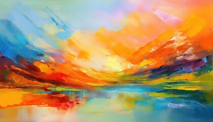 Vibrant and Textured Abstraction A Stunning HandDrawn Panoramic Artwork Showcasing a Rich Color Palette, Intricate Textures, and an Immersive Design