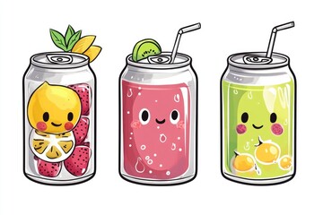 Obraz premium Three glasses of soda with illustrations of faces and strawberries on the labels, colorful and playful