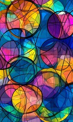 Abstract design of overlapping circles in pastel tones, with neon diagonal lines cutting across the background.