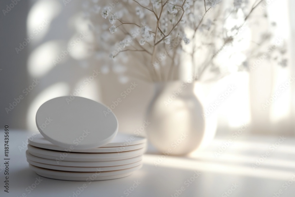 Poster a collection of white plates stacked on a table, ideal for use in food styling or as a prop in photo