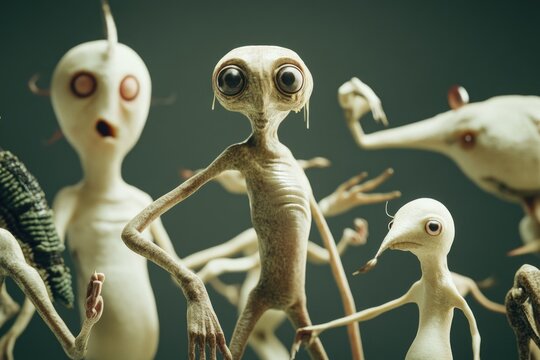 A group of alien dolls standing together, perfect for sci-fi or futuristic themed designs