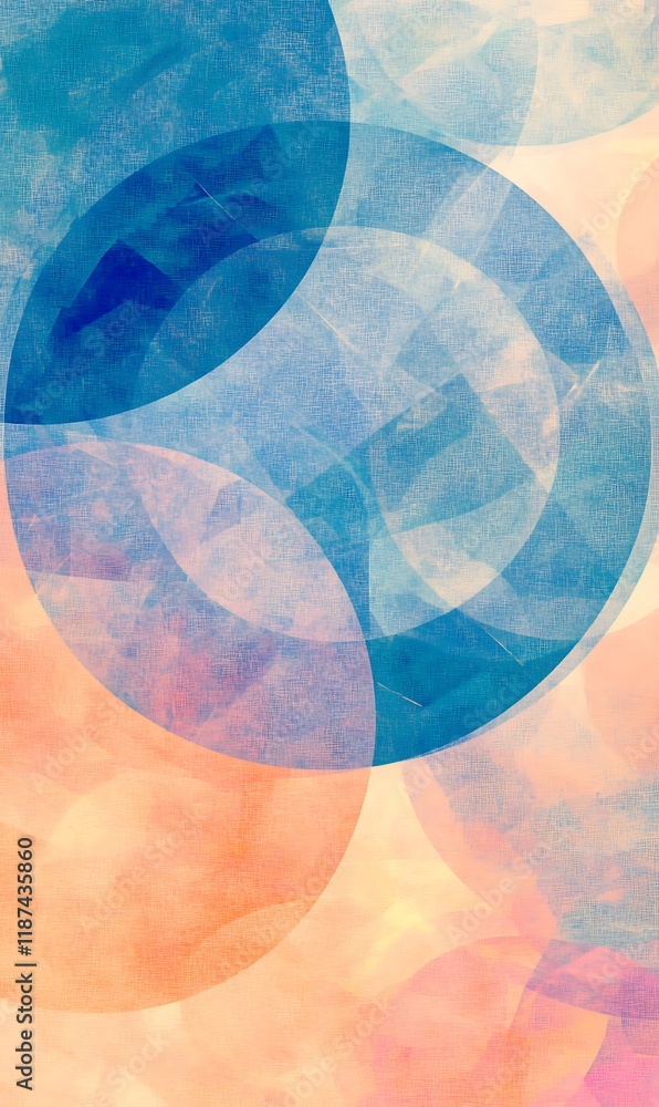 Poster abstract pattern on a soft pastel background, with sharp neon lines cutting through overlapping circ