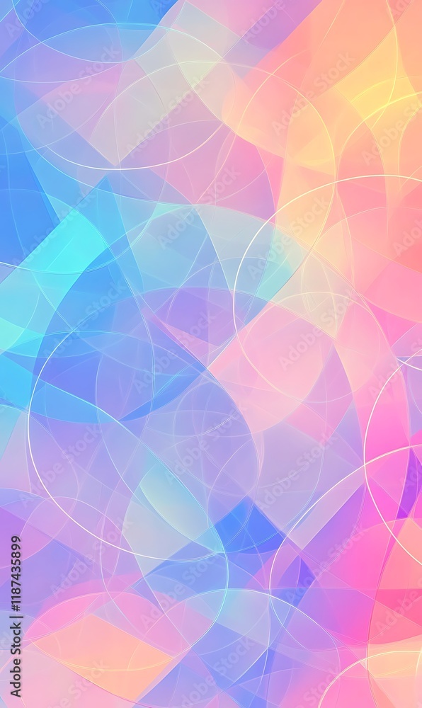 Poster abstract pattern on a soft pastel background, with sharp neon lines cutting through overlapping circ