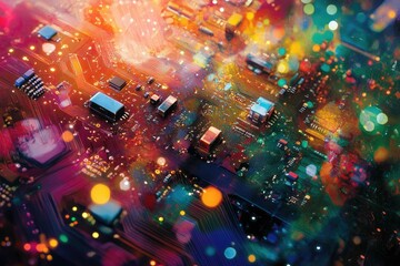 Obraz premium Colorful circuit board, vibrant lights, technological detail.