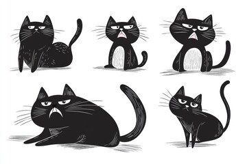 A group of black cats showing various emotions and facial expressions