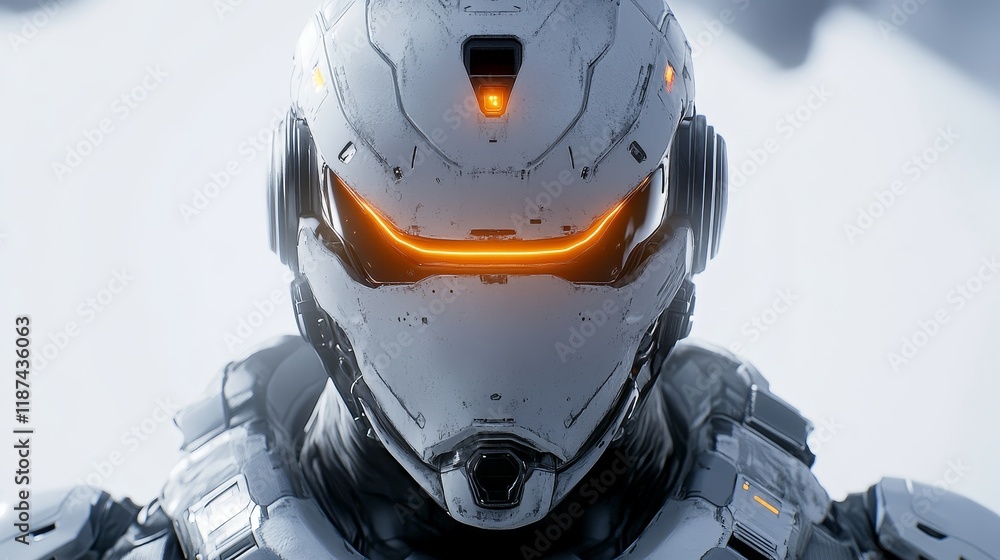 Poster a detailed image of a futuristic robot feature intense glowing lights