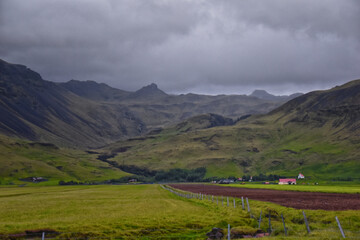Icelandic South Coast landscape near Reynisfjara black volcanic sand beach near Vic at south coast of Iceland, Scandinavia, Europe