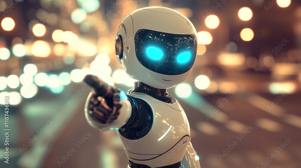 Poster with a radiant aura, the charming robot directs its attention to outer space, crafted by ai.