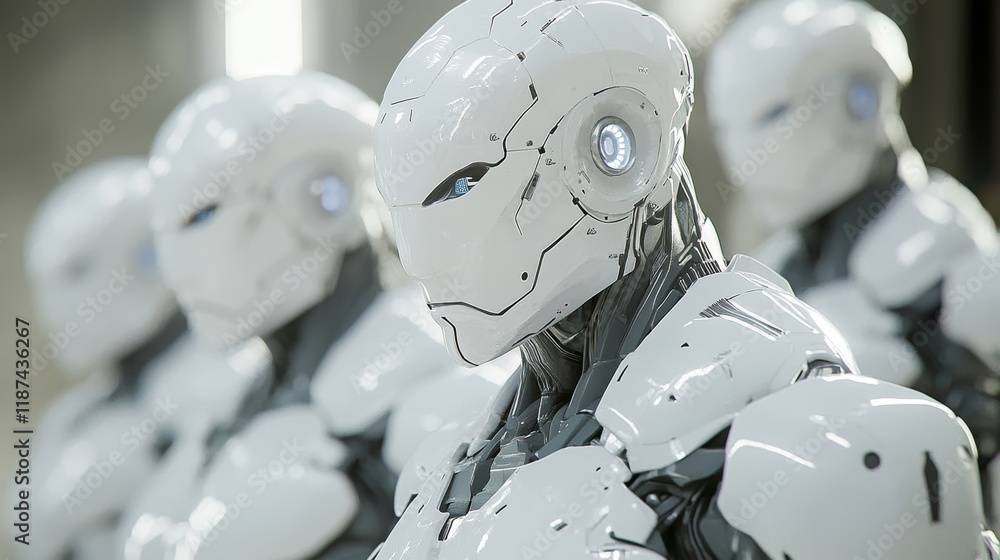 Poster humanoid robots line up in a cutting-edge factory, embodying stock management and automation.