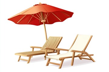 Two lounge chairs and an umbrella on a plain white background, ideal for interior design or lifestyle images