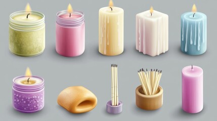 A collection of candles and candlesticks arranged on a neutral gray surface