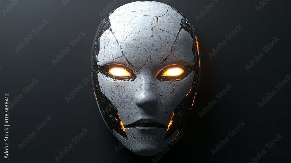 Poster a close-up shot of a robotic head with its eyes glowing orange and showing intricate design features