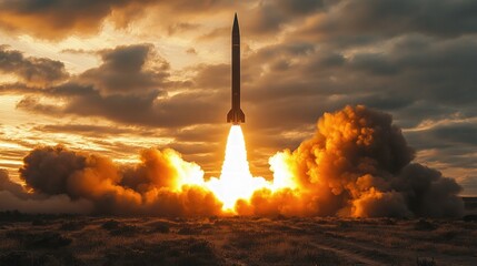 Missile launching, fiery sunset, smoke plume.