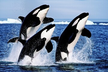 Fototapeta premium A group of orcas breaching in the icy waters off the coast of Antarctica.