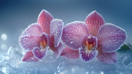 Pink orchids encased in ice on a decorative table