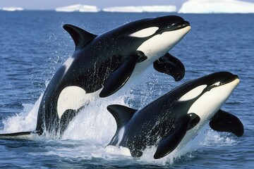 Obraz premium A group of orcas breaching in the icy waters off the coast of Antarctica.