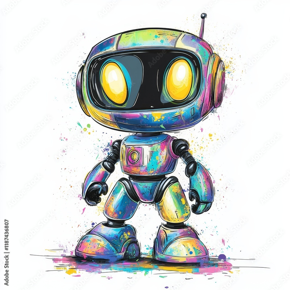 Poster this captivating image features a robot with glowing neon eyes and a striking graffiti-inspired colo