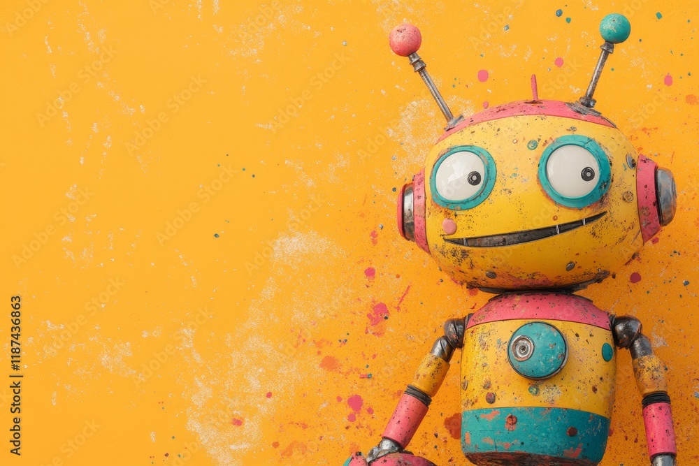 Poster a dynamic, stylish robot with gleaming eyes and colorful accents is positioned against an orange abs