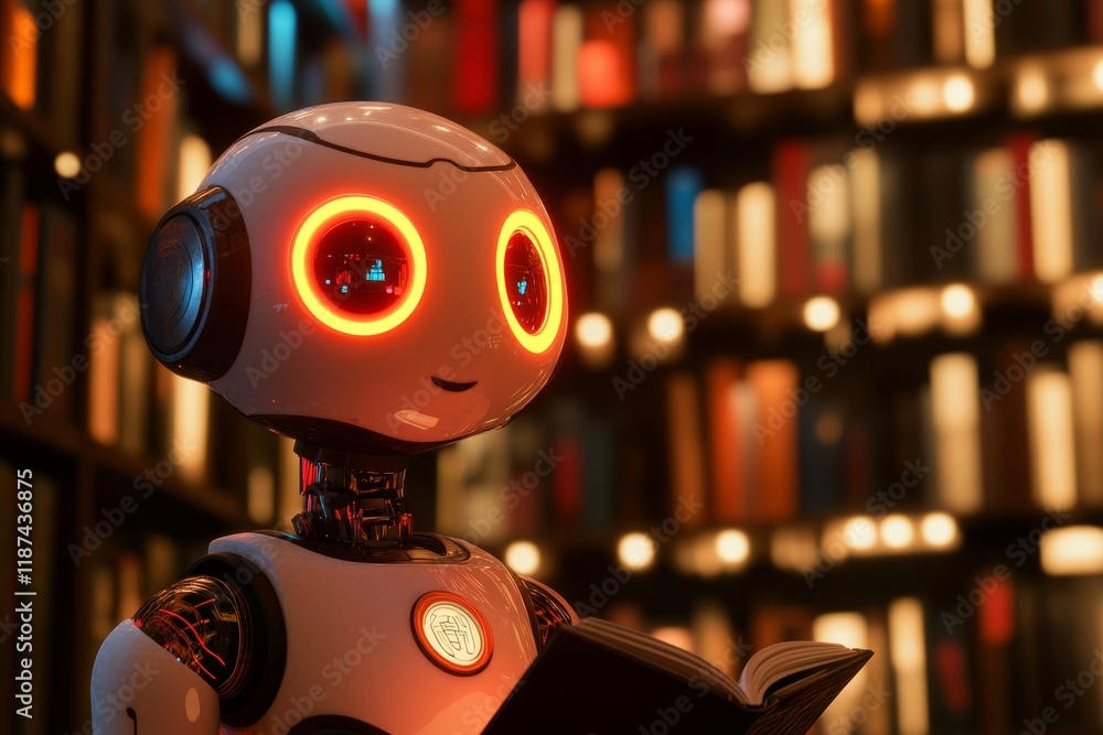 Poster a sleek robot relaxing in a library setting, reading a book, surrounded by rows of bookshelves.