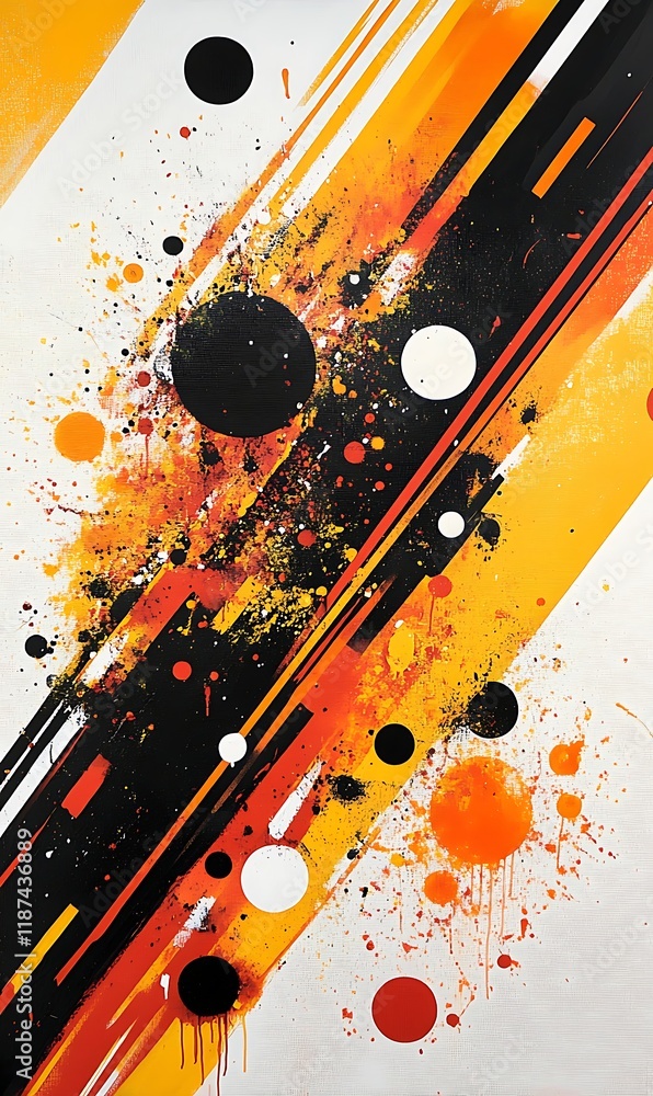 Poster floating circles and geometric shapes in contrasting warm and cool tones, with a dynamic diagonal ba