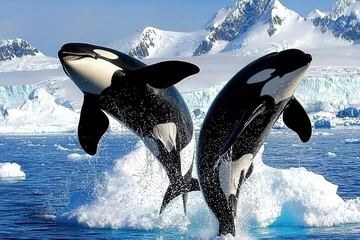 A group of orcas breaching in the icy waters off the coast of Antarctica.
