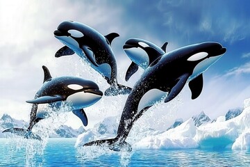 Fototapeta premium A group of orcas breaching in the icy waters off the coast of Antarctica.