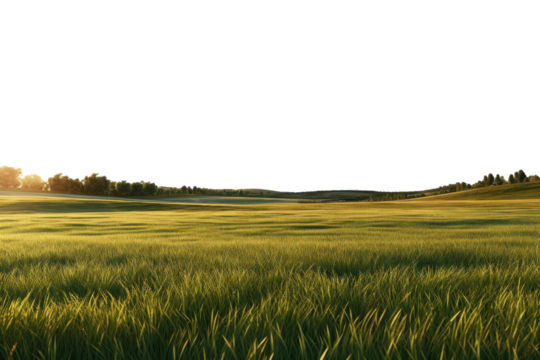Vast green landscape under a clear blue sky with soft clouds during sunrise