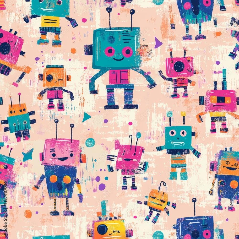 Poster a watercolor design with small robots conveying a sense of movement.