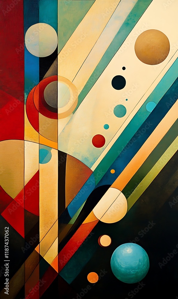 Poster abstract geometric shapes with bold diagonal lines in contrasting warm and cool tones, set against a