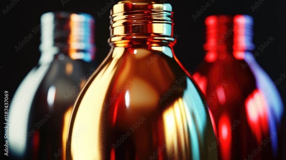 Poster close-up shot of three colorful bottles with unique shapes and labels
