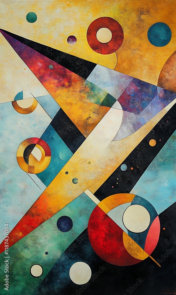 Poster abstract geometric shapes with bold diagonal lines in contrasting warm and cool tones, set against a