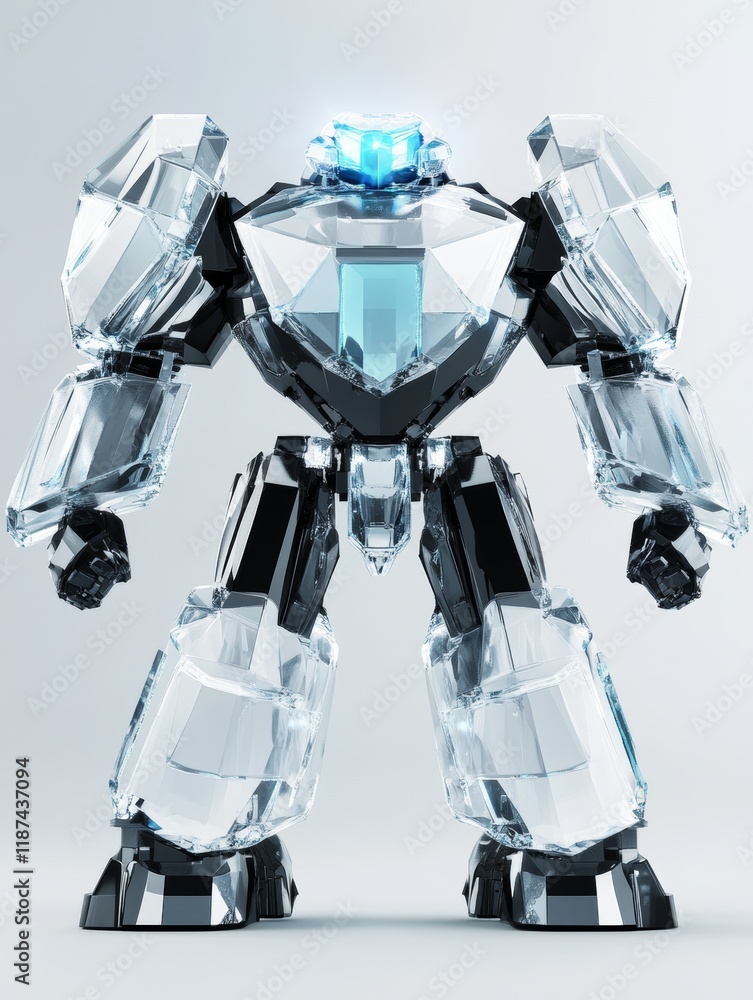 Poster a transparent 3d crystal robot, characterized by its sharp angles, is positioned on a white backgrou