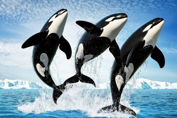 Obraz premium A group of orcas breaching in the icy waters off the coast of Antarctica.