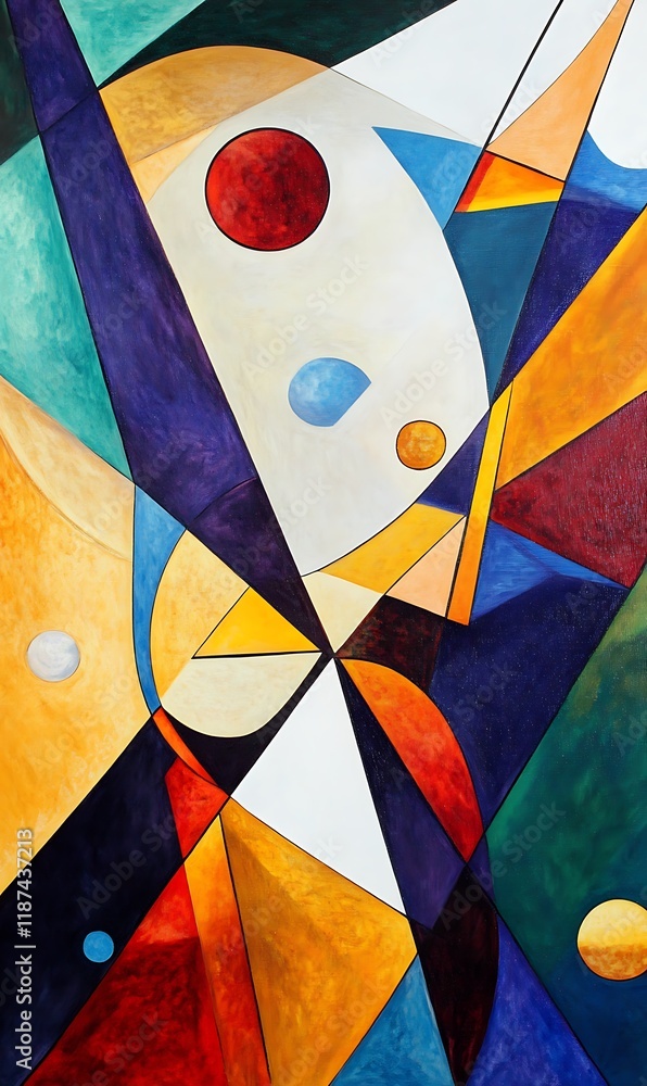 Poster a backdrop of bold diagonal lines, blending warm and cool colors, with floating circles and abstract