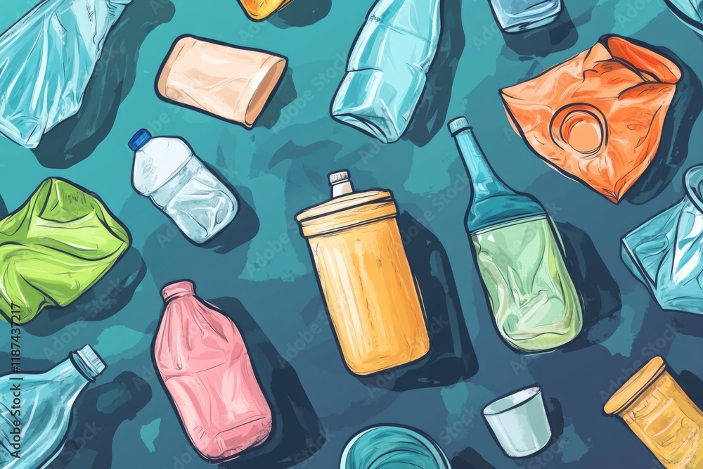 Poster a collection of colorful plastic bottles arranged on a blue background