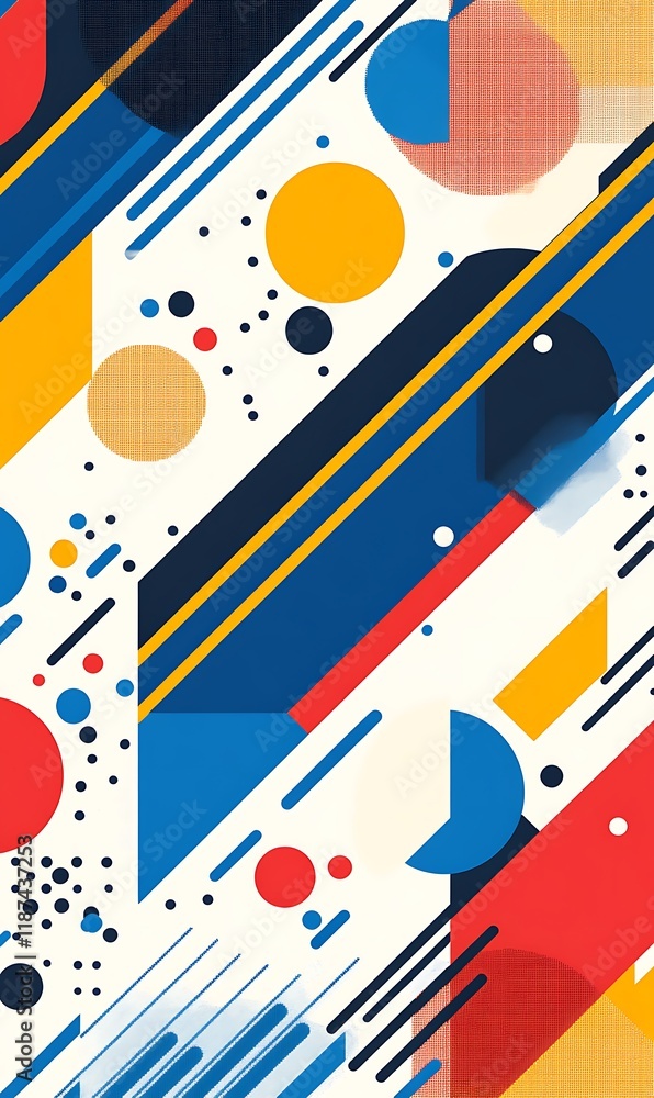 Poster bold diagonal lines in warm and cool tones on a contrasting backdrop, with floating circles and abst
