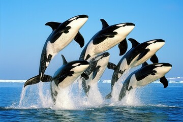 Obraz premium A group of orcas breaching in the icy waters off the coast of Antarctica.