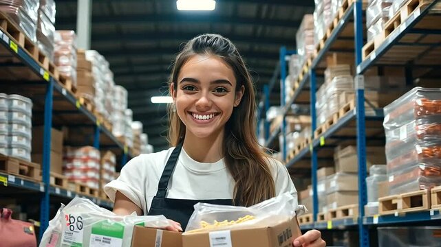 The young woman happily packs bags with essential items like pasta and canned soups while organizing food donations in a spacious food bank warehouse.